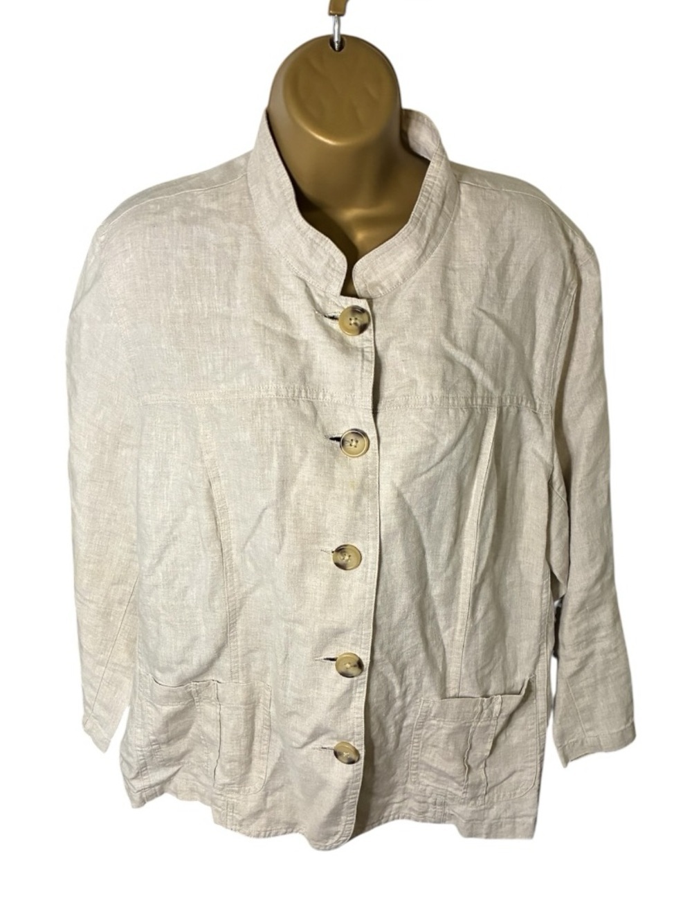Cherokee Mandarin Collar Linen Jacket Button Front Pockets Beige XL